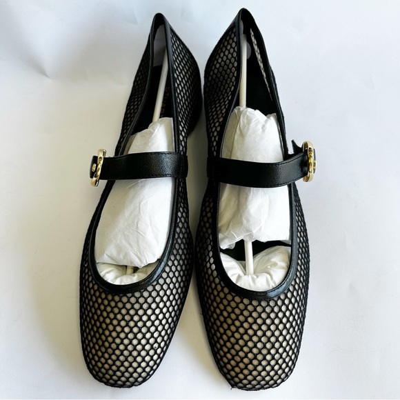 Stuart Weitzman Womens Arabella Black Mesh Flats MaryJane Gold Buckle Strap 11.5 - Picture 8 of 16